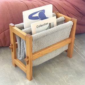 Wood and curly fabric magazine rack, 1970